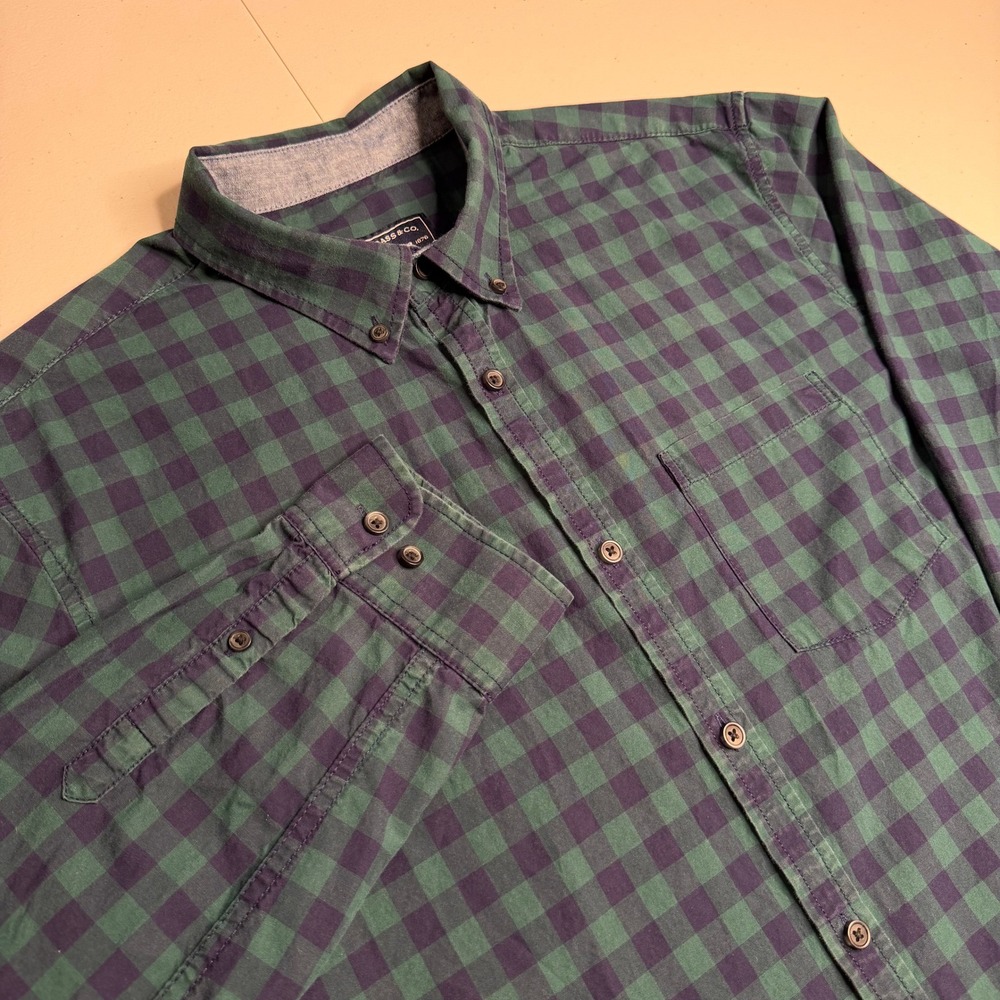 GH Bass Mens Large Green Blue Buffalo Check Long Sleeve Button Down Cotton Shirt